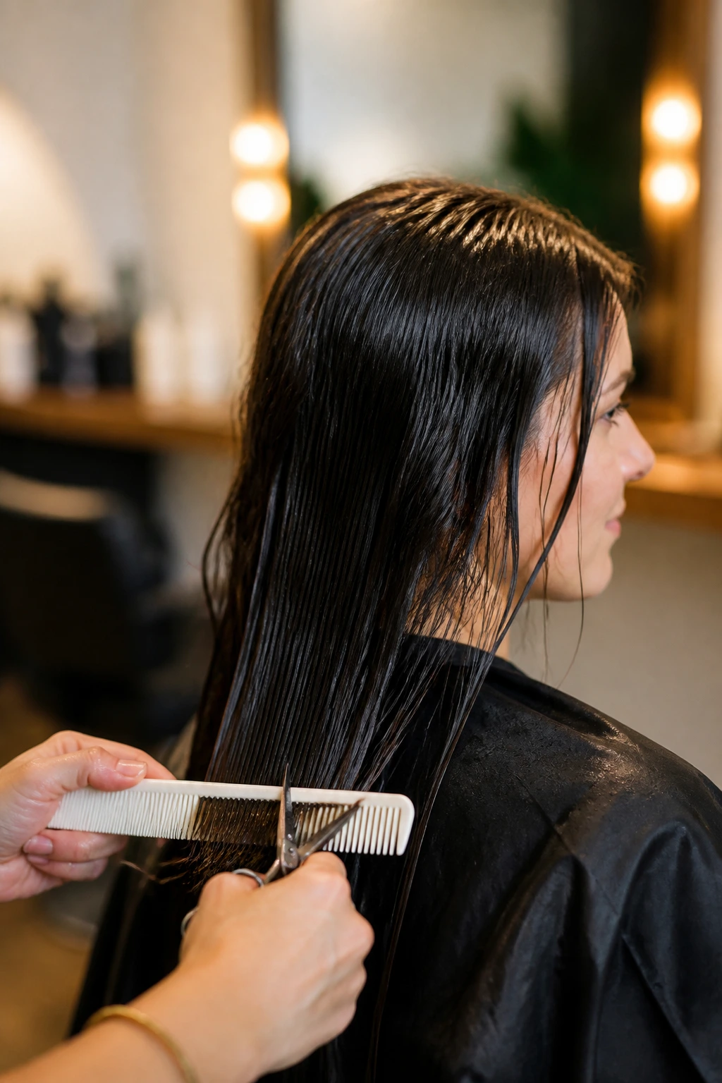 Close-up of long hair being trimmed in a salon, demonstrating care and maintenance