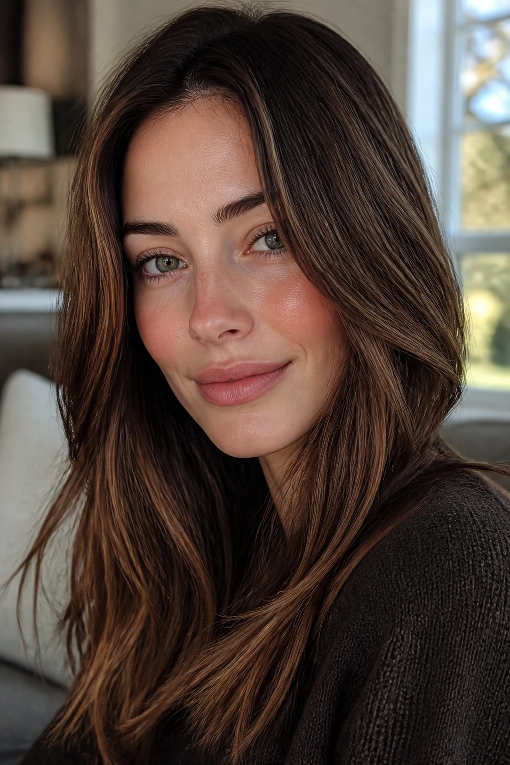 Close-up of a woman with chestnut brown hair and muted bronze lowlights framing her face.