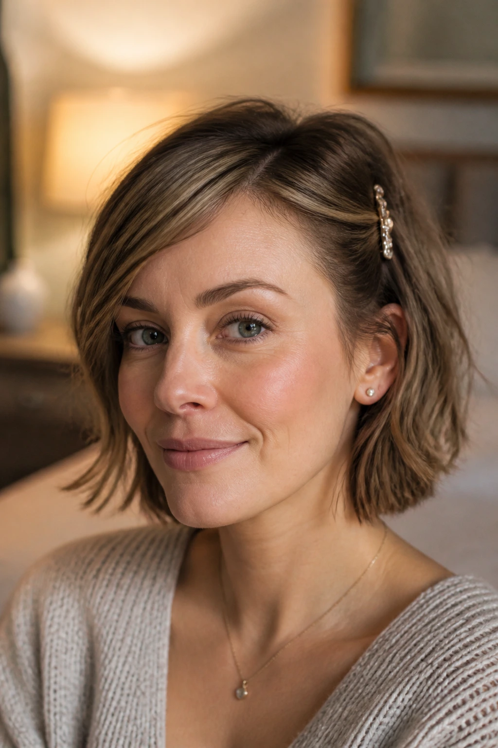 Portrait of woman using a small hair clip at the temple to boost style