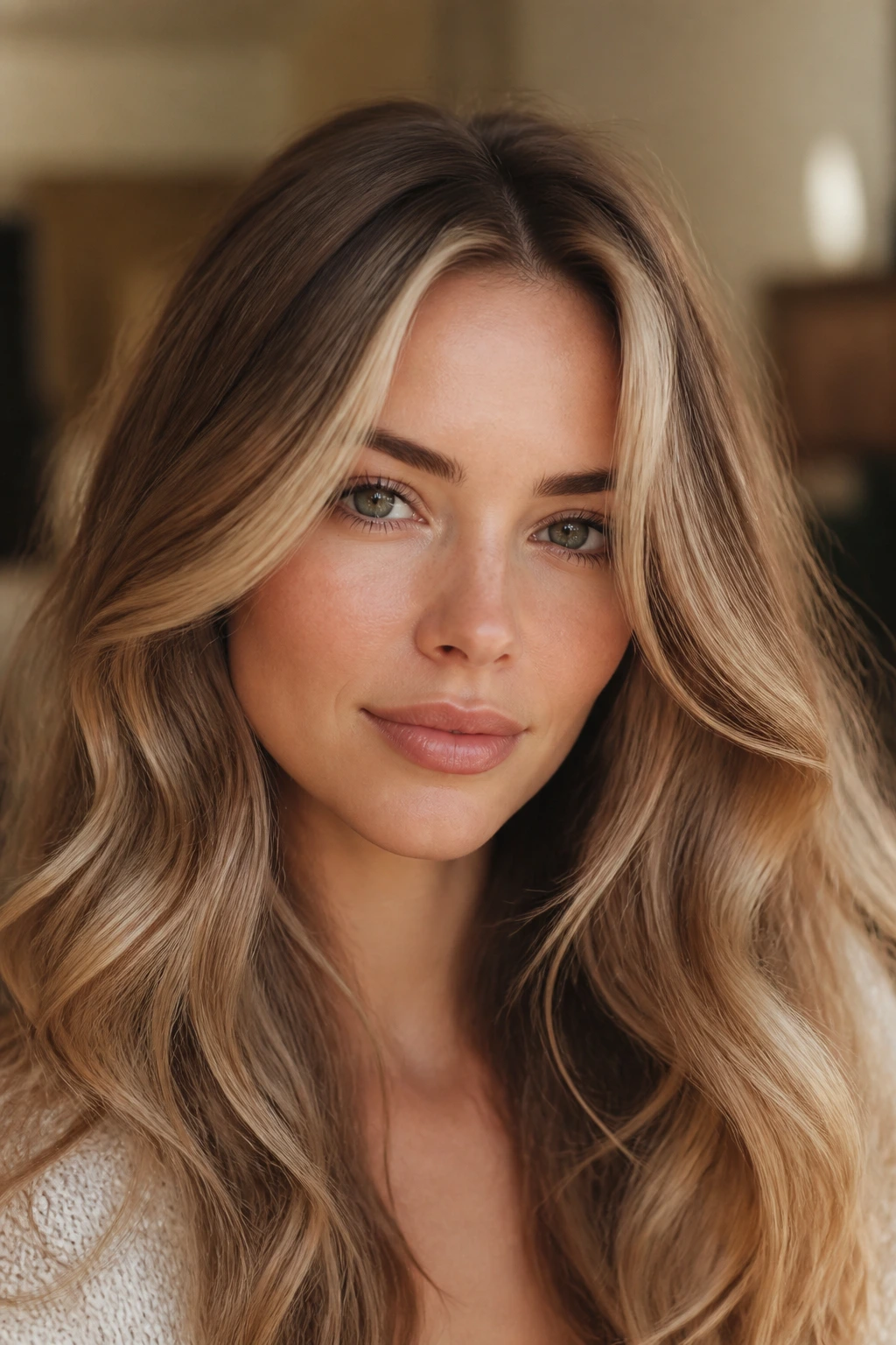 Close-up portrait showing balanced hair color on a heart-shaped face