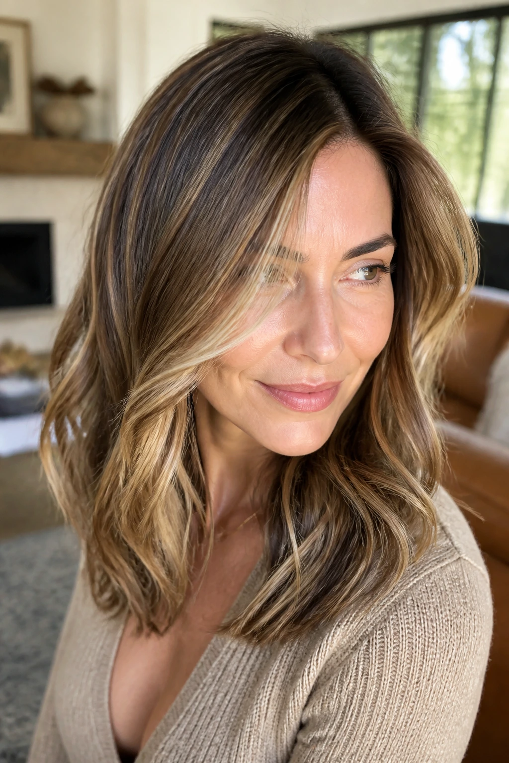 Close-up of brunette hair with soft blonde highlights showing depth and natural blend