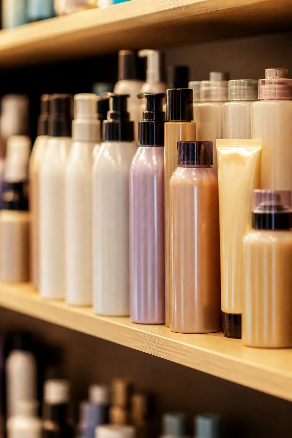 Unlabeled hair color bottles on store shelf