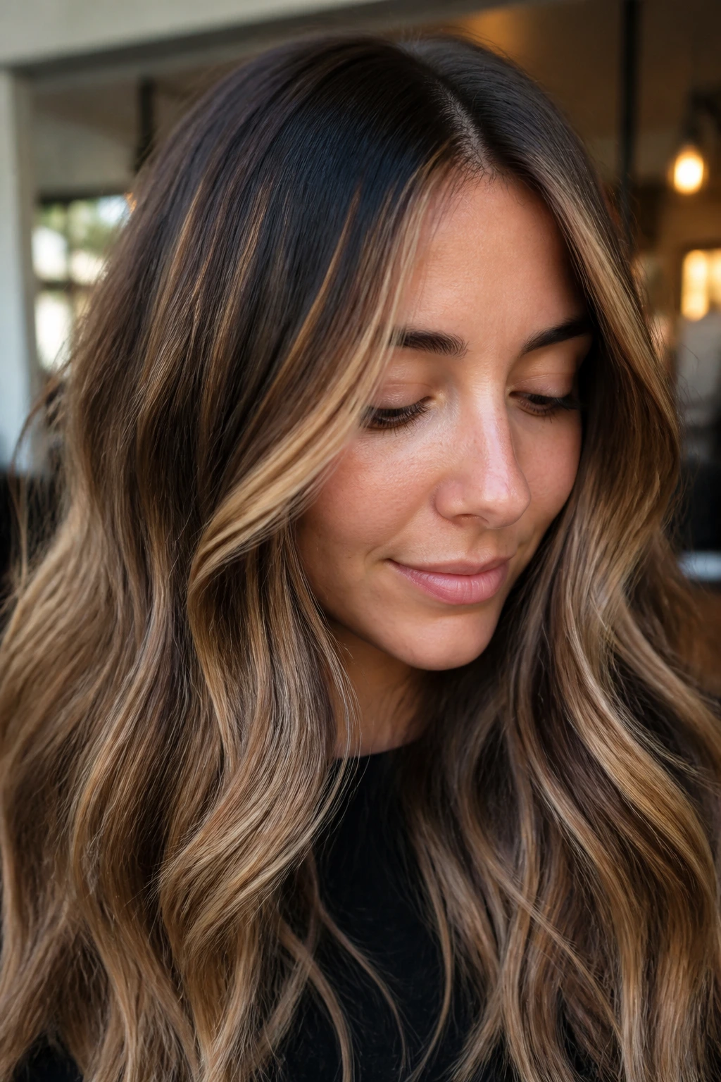 Close-up of brunette base with beige and honey lowlights in natural light