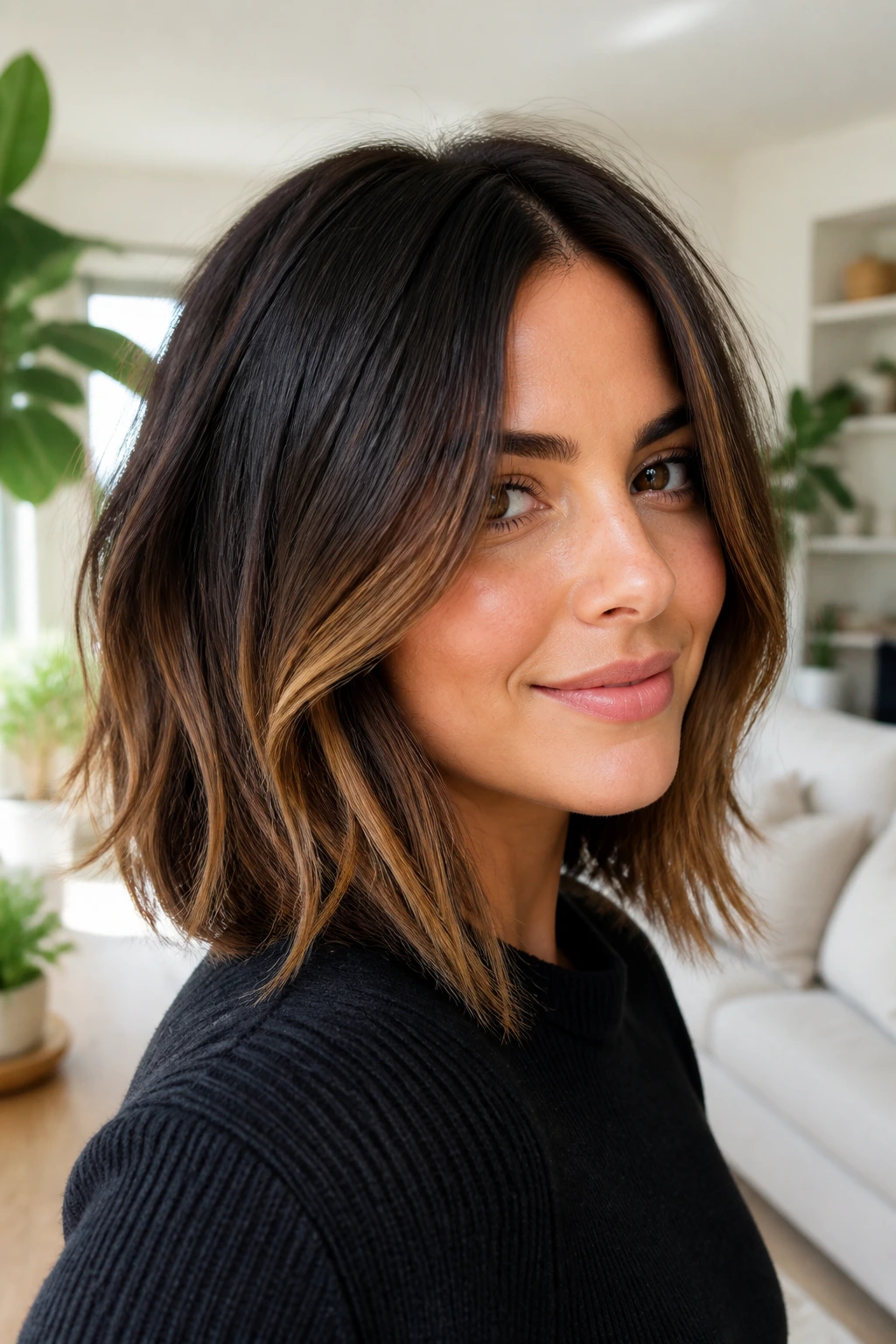 Close-up portrait of a real woman with caramel drizzle on a lob