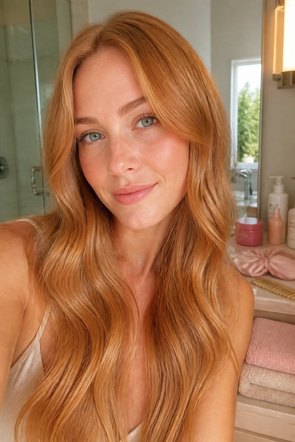 Close-up of healthy glossy warm strawberry blonde hair on a real person
