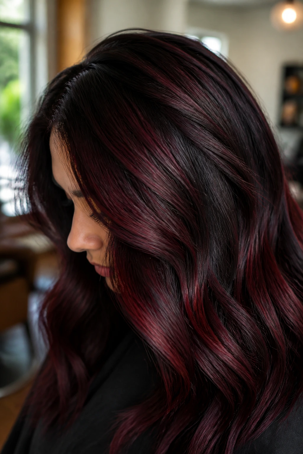 Close-up of a brunette with deep cherry panels in thick hair