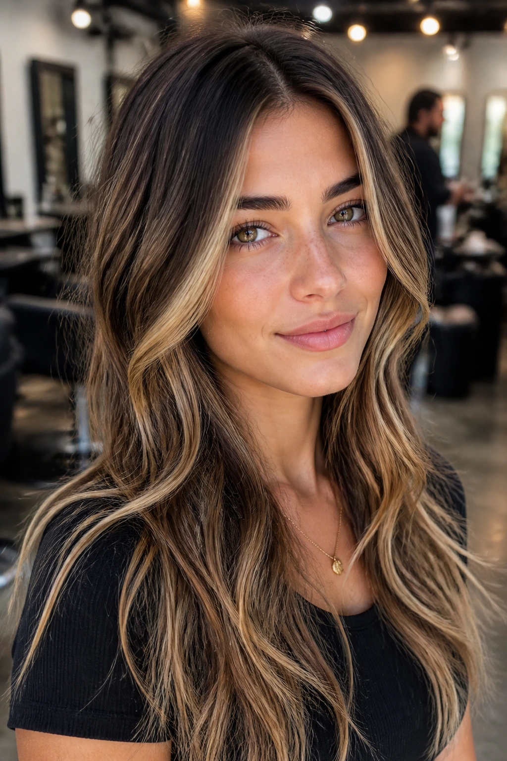 Close-up portrait showing brunette base hair with blonde highlights for balanced contrast