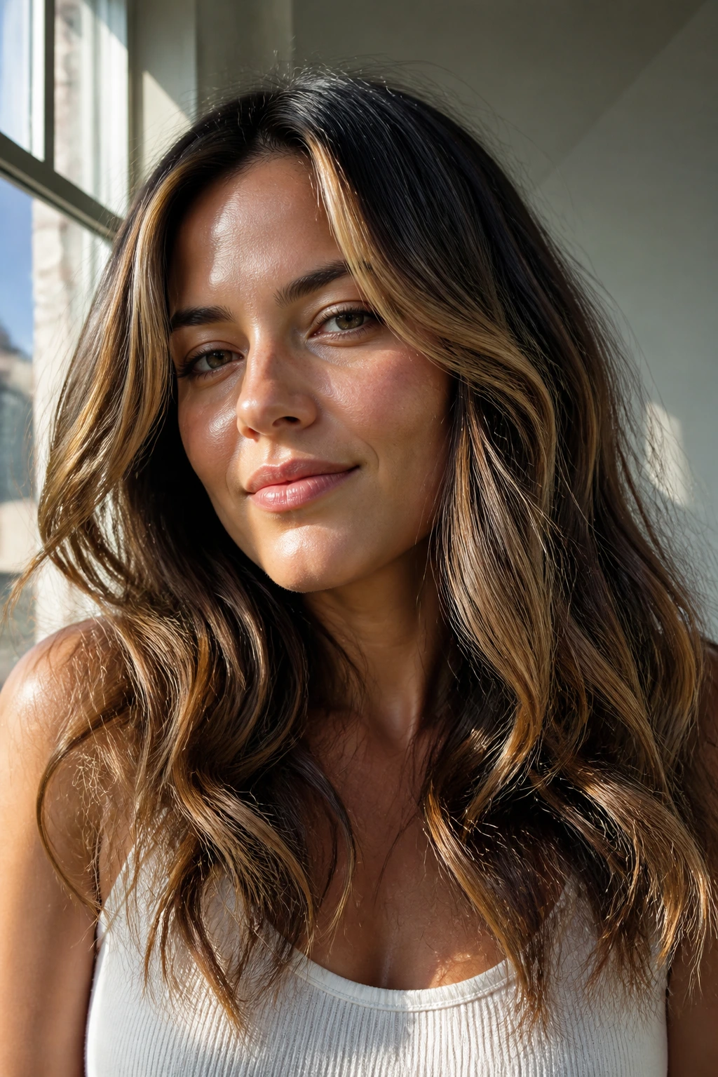 Portrait with loose waves showing brunette and blonde dimension