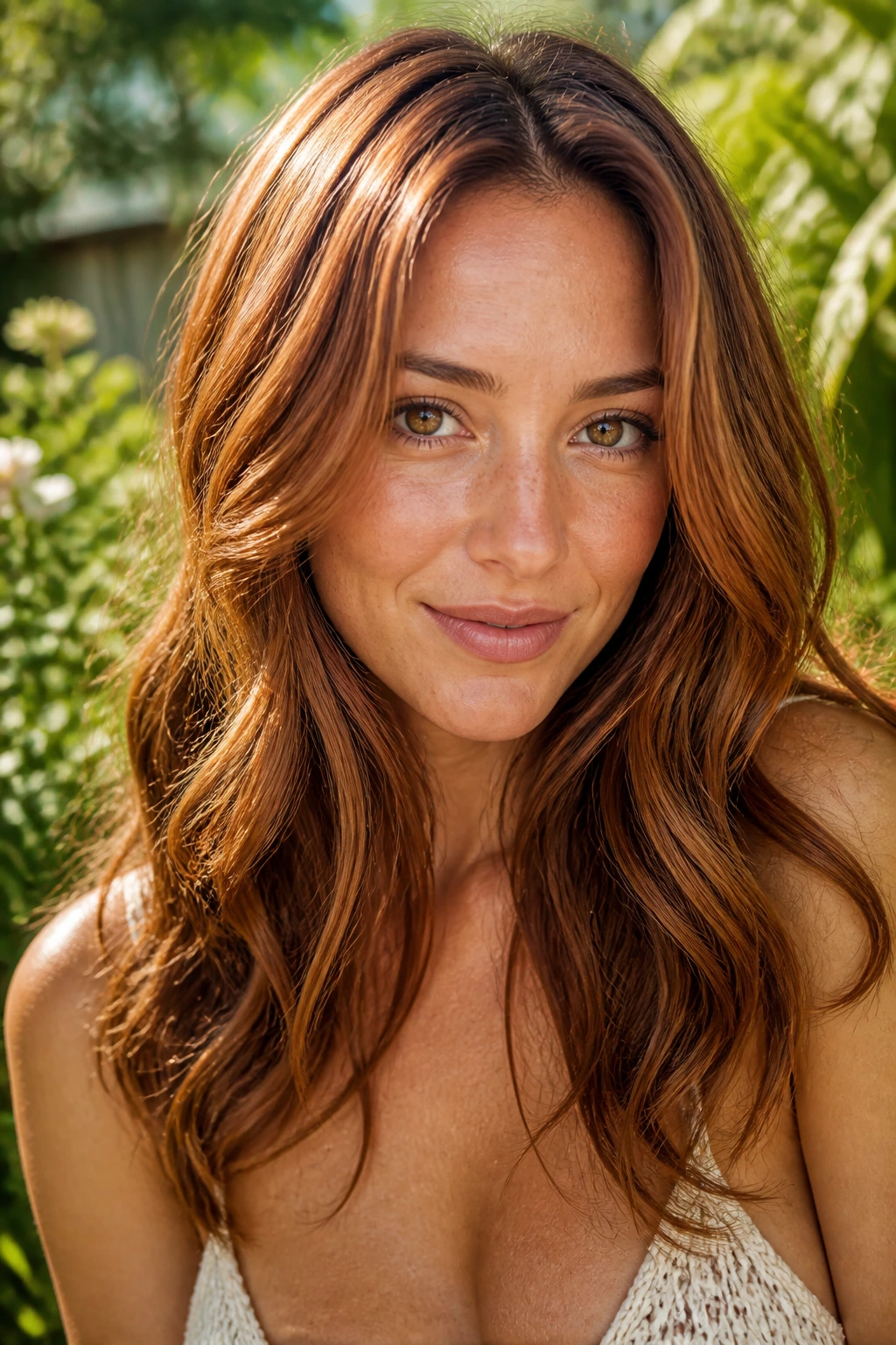 Close-up portrait of a real woman with soft ginger and brunette lows