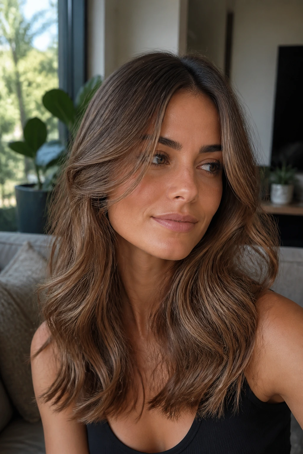 Close-up portrait of a real woman with hazelnut dimension and airy ends