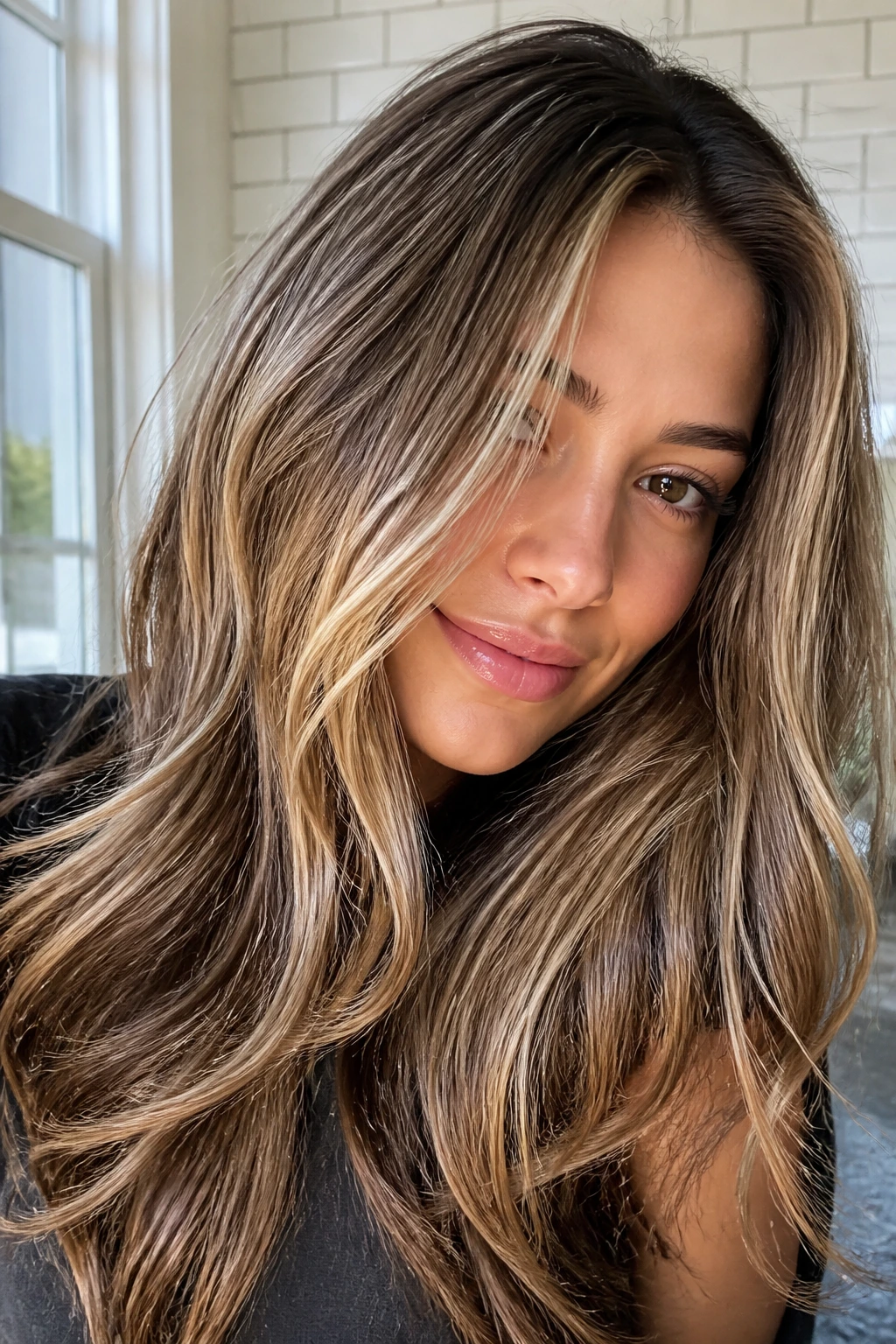 Close-up of healthy brunette-blonde hair in a home setting
