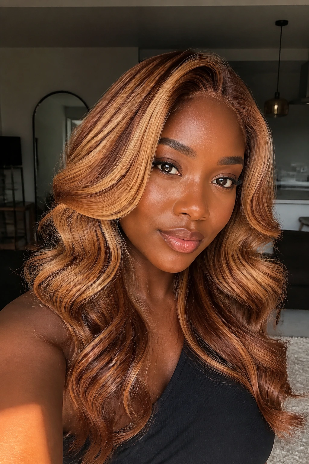 Close-up portrait showing intentional hair color placement around face