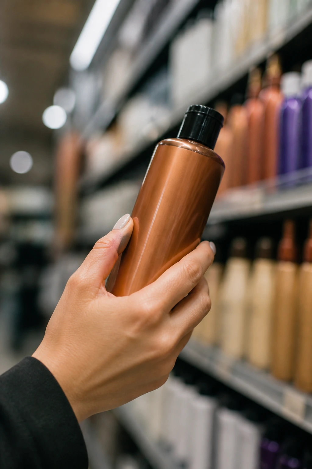 Hand holding a hair color product with no label in a store aisle