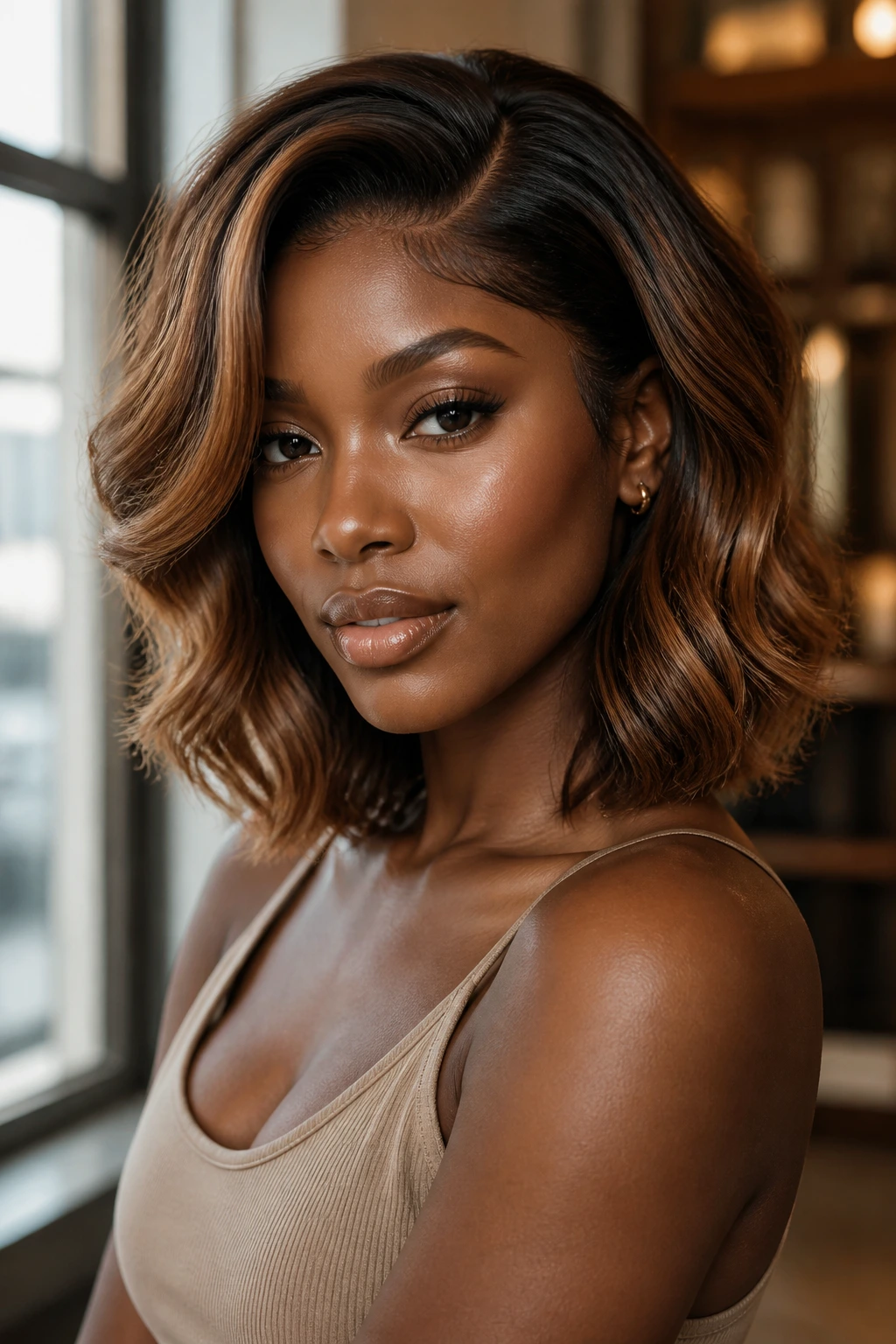 Close-up portrait of a dark-skinned person with deep-rooted hair shade, warm tones, and a glossy finish.