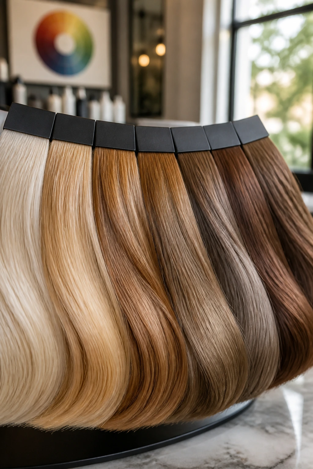 Close-up of hair color swatches showing beige, honey, toffee, mushroom, bronzed tones for olive undertones