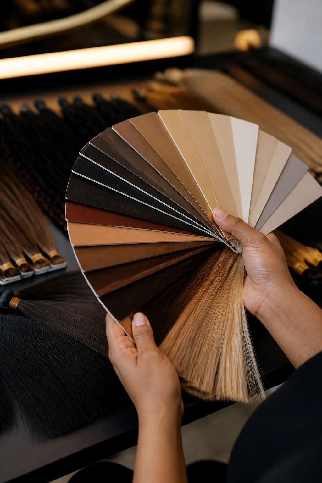 Color swatches for hair extension color selection.