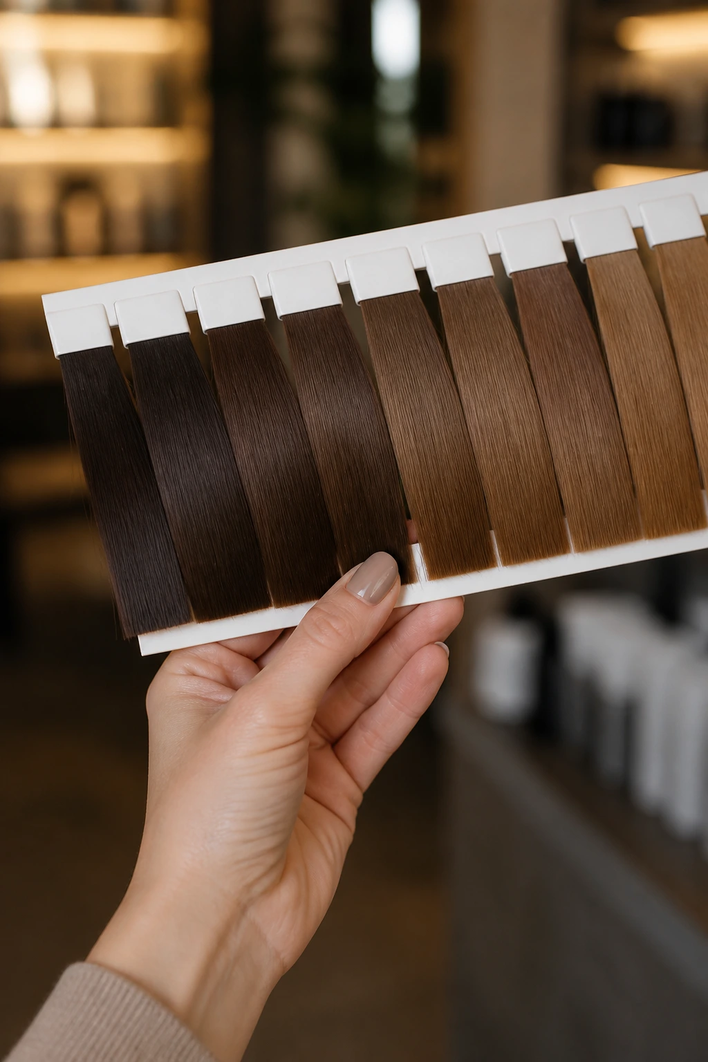 Hand holding brown hair color swatches in a salon or store