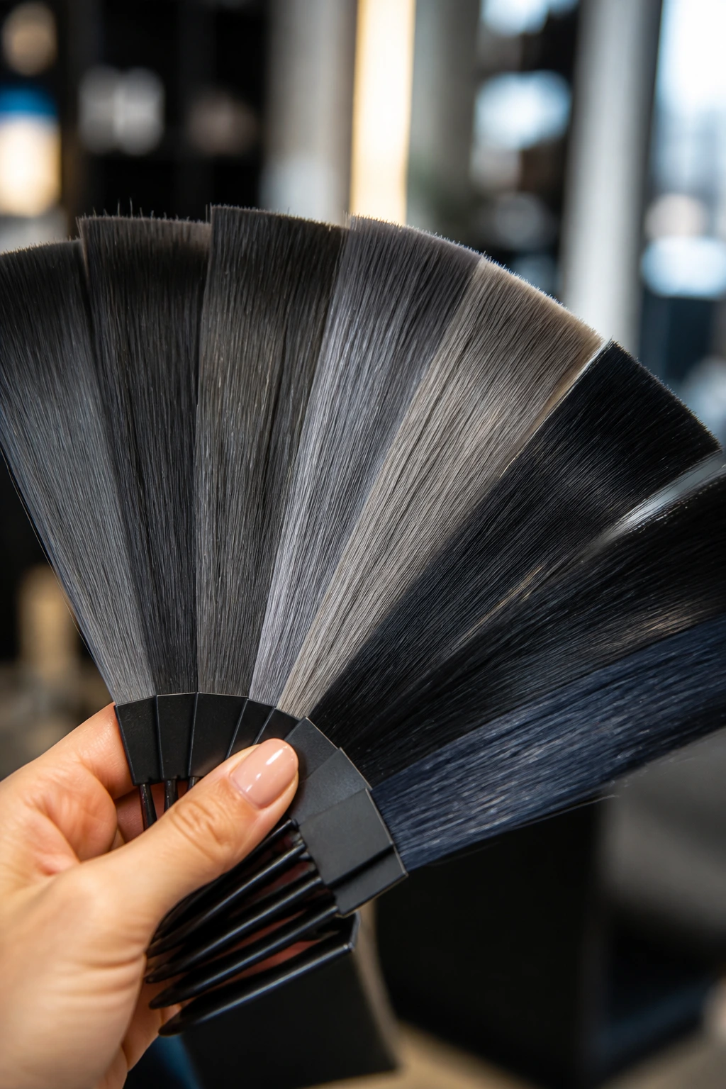 Hand holding grey-black hair color swatches for brunette bases