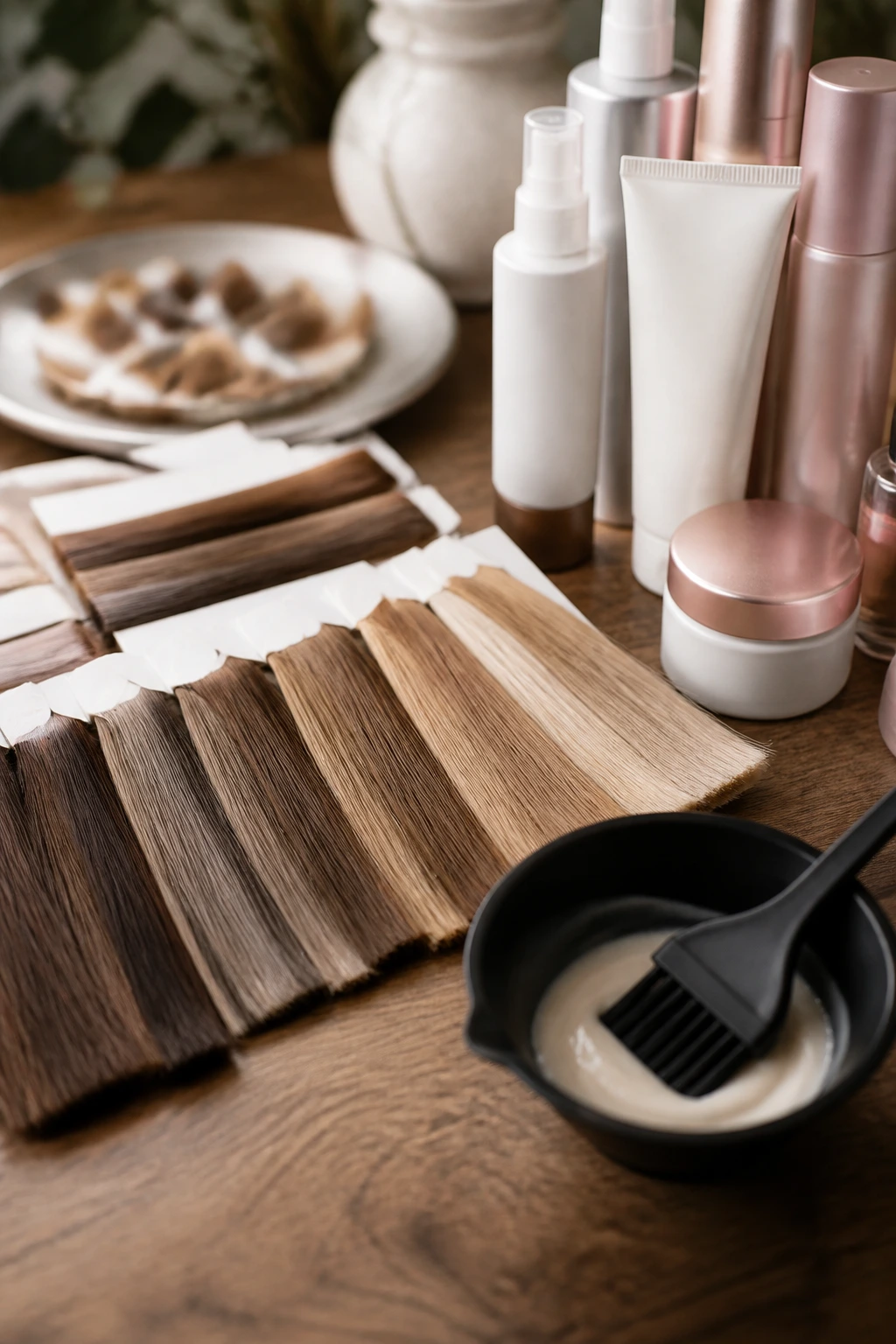 Hair color swatches and gloss products on a wooden surface