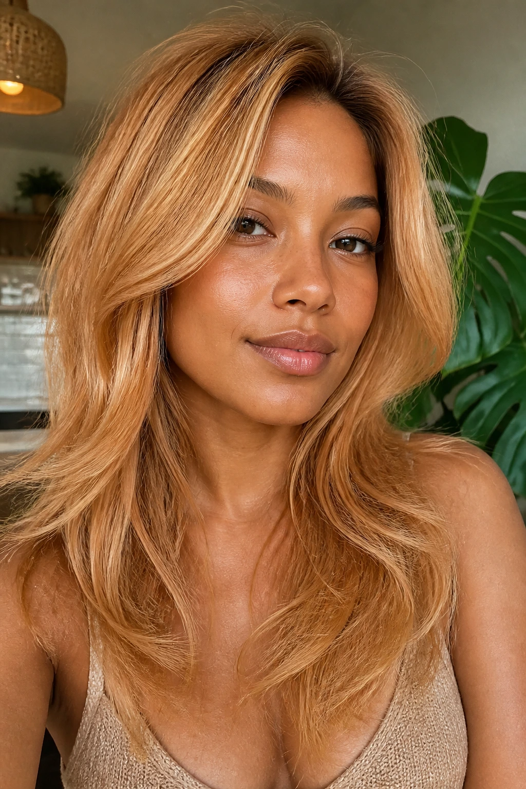 Close-up portrait of layered strawberry blonde with apricot and honey tones on golden tan skin