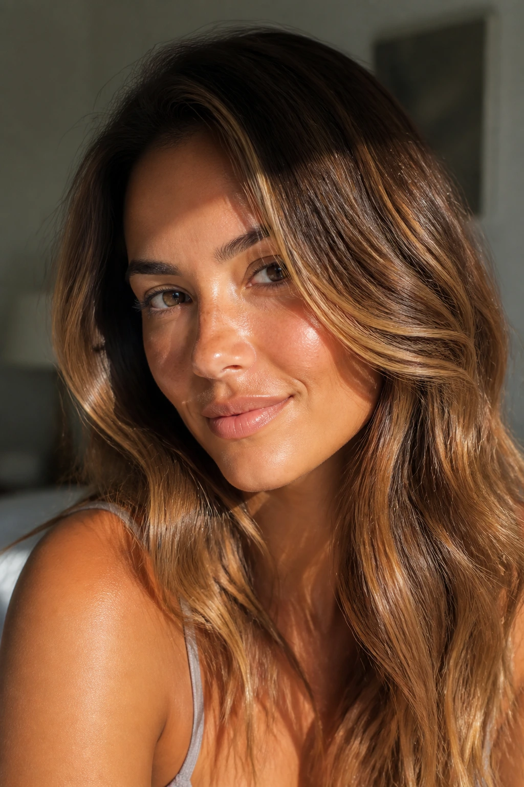 Close-up portrait of a real woman with tan skin and warm honey-brown caramel highlights in her hair under sunlit light