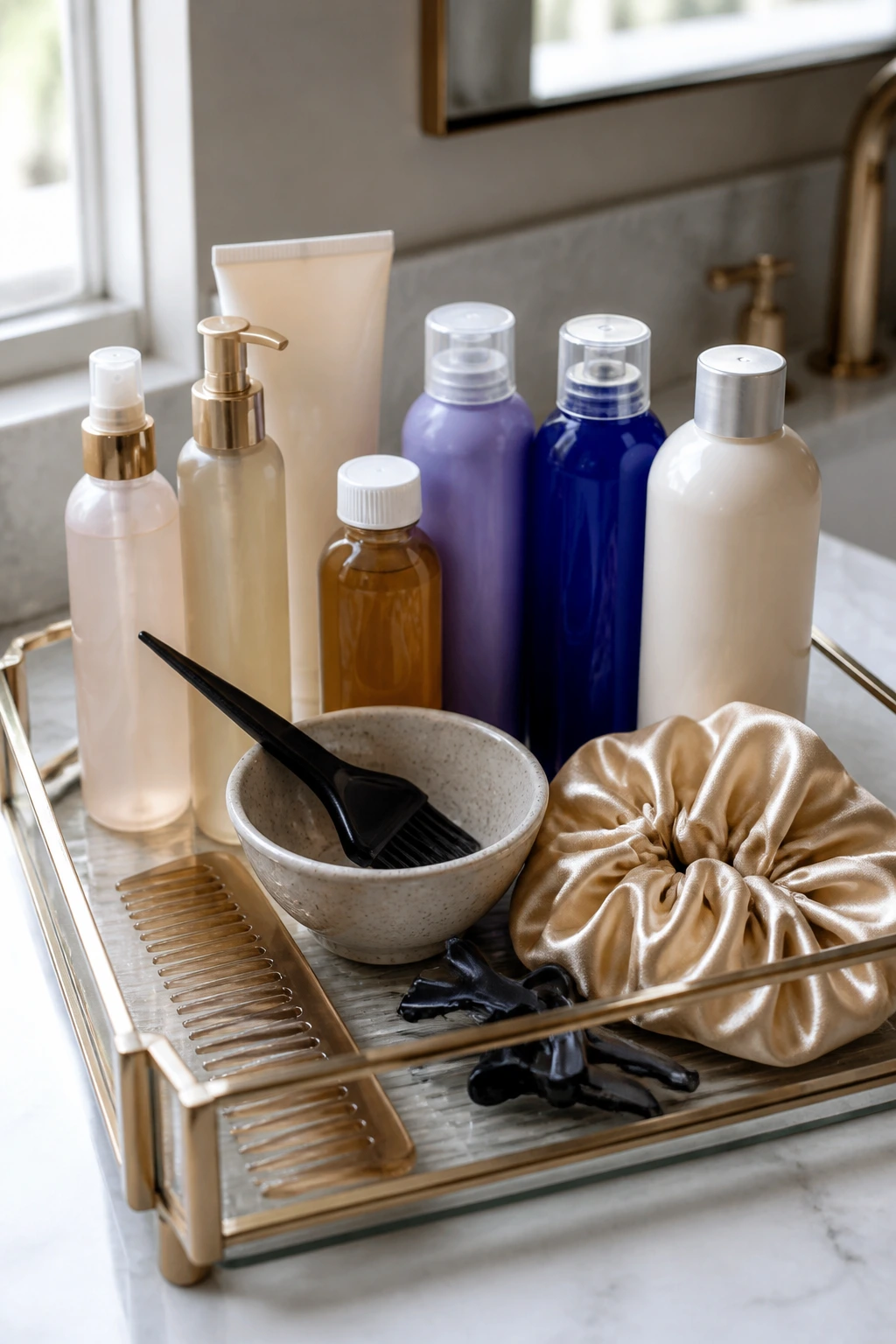 Close-up of blonde hair color tools on a bathroom vanity under natural light