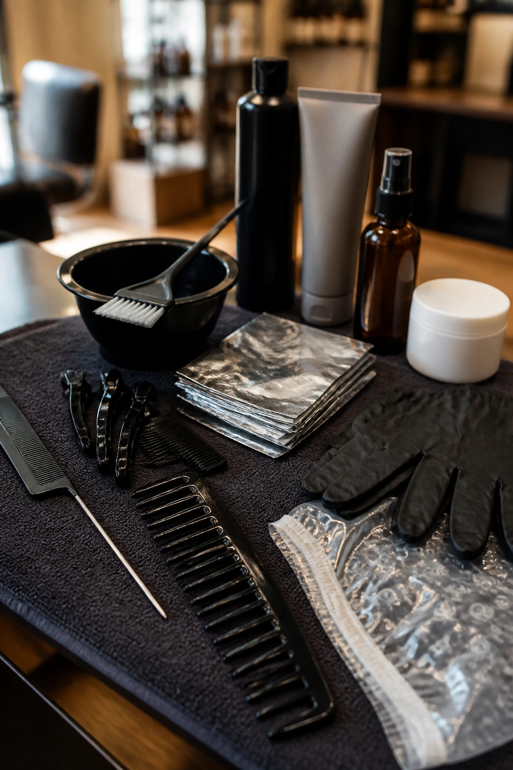 Close-up of essential auburn color placement tools laid out on a clean surface