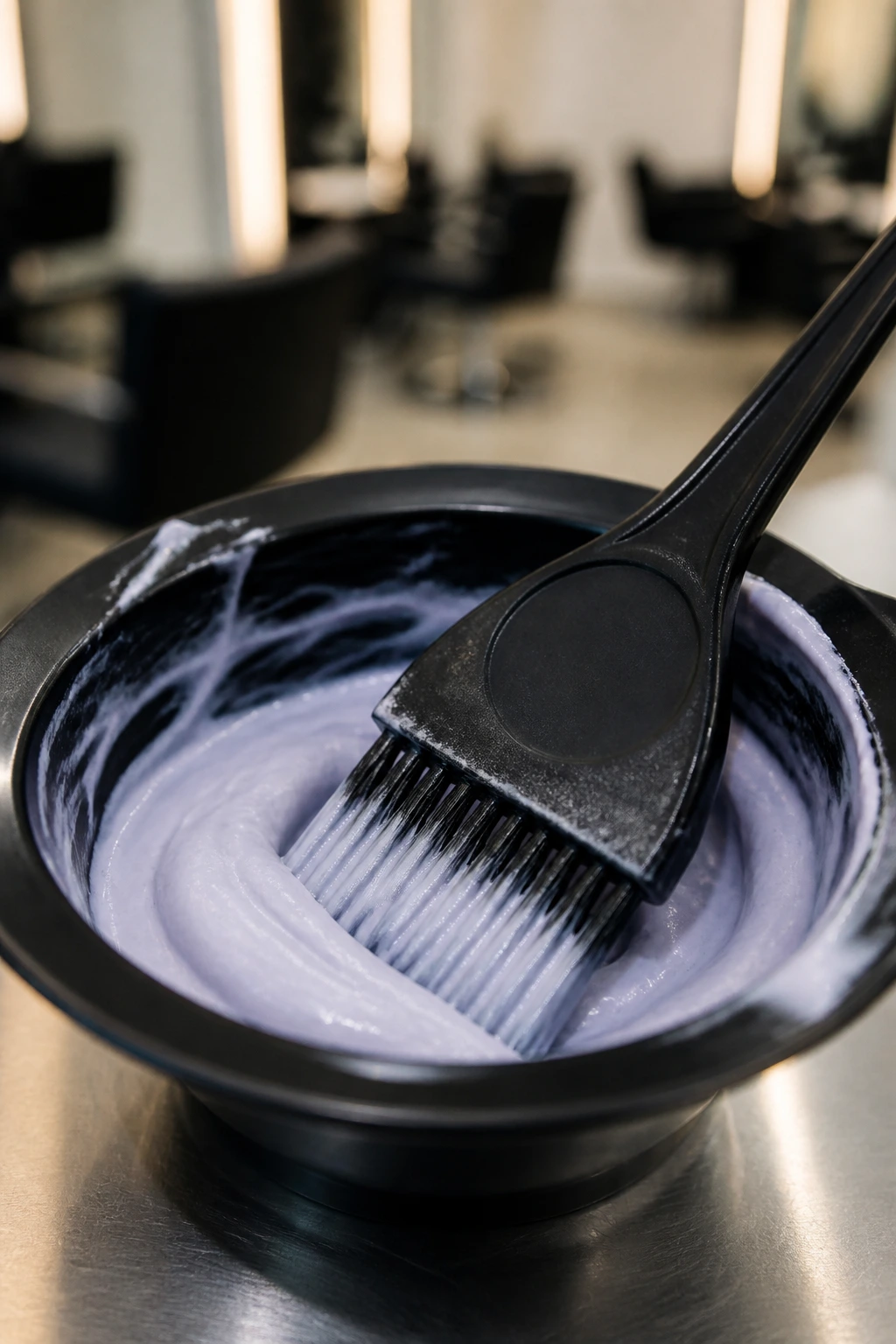 Close-up of tint brush and color bowl in a salon environment.
