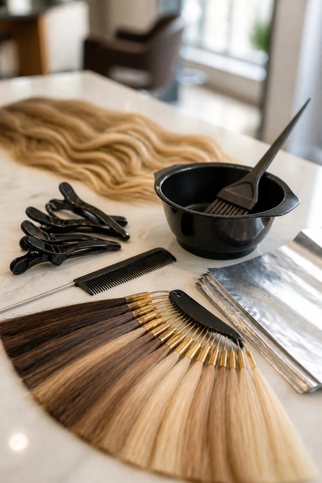 Close-up of salon color tools including clips, comb, brush, foils, and color swatches on a counter in natural light