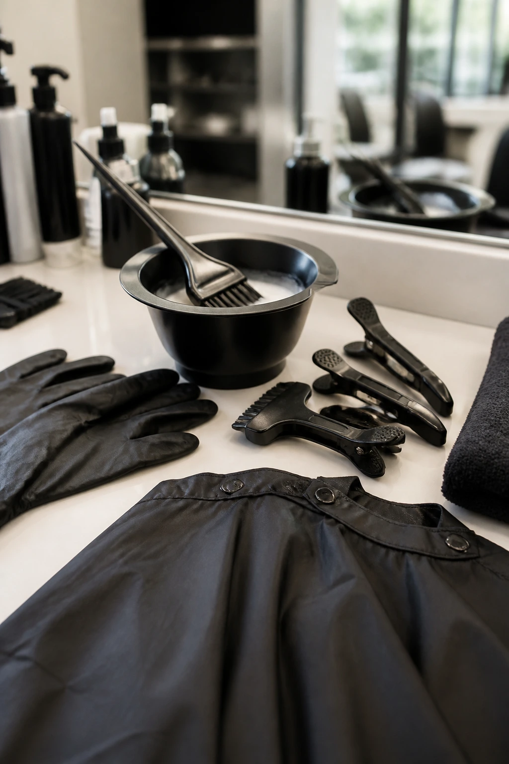 Close-up of dye bowl, brush, clips, gloves, and cape on a salon counter.