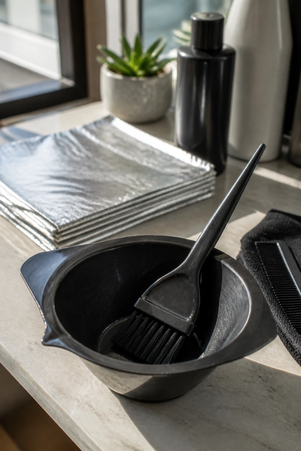 Close-up of hair color tools including tint brush and color bowl on a salon vanity.