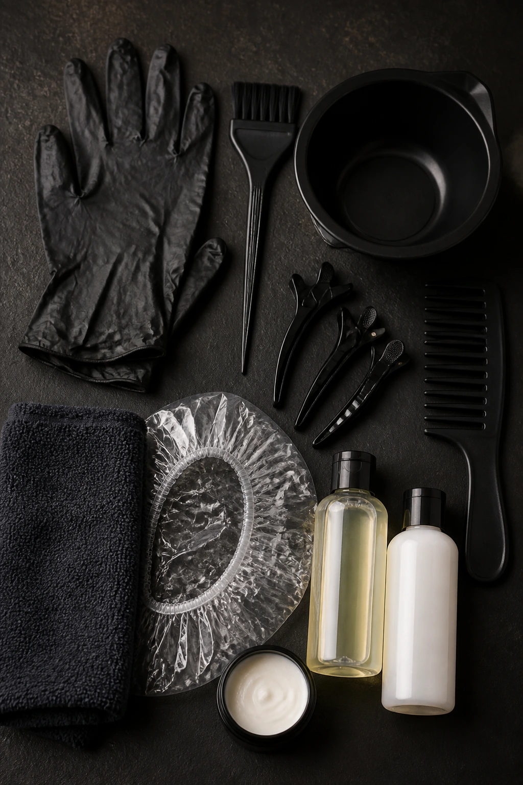 Flat lay of essential hair color tools ready for application