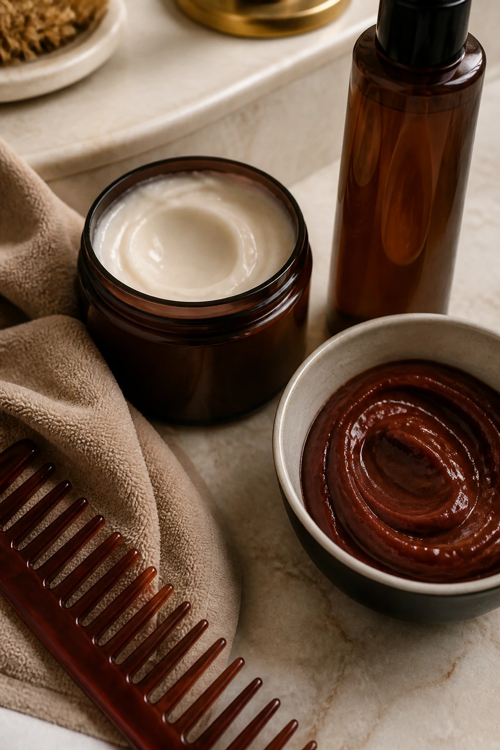 Close-up still life of unmarked hair color-care tools and products on a vanity