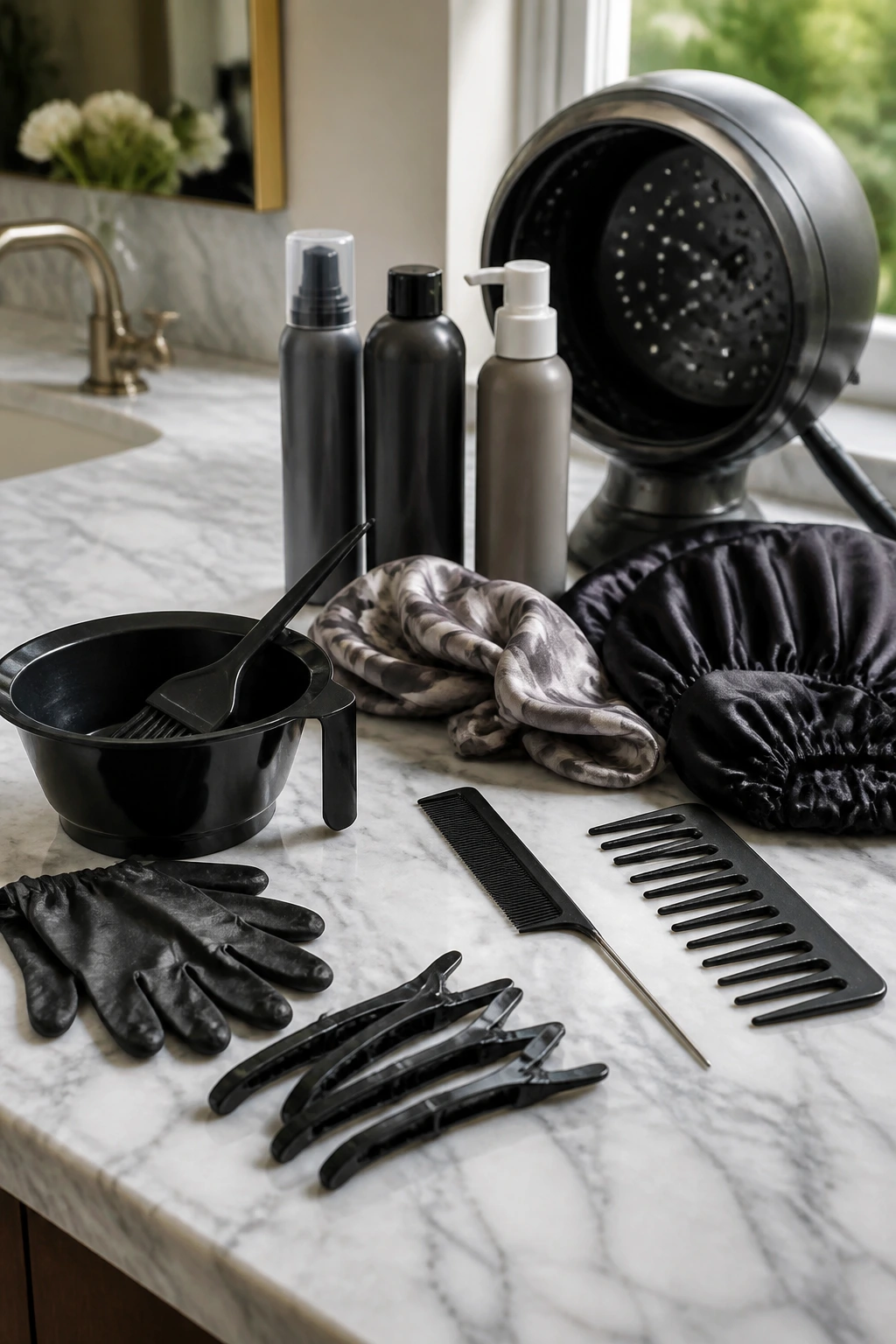 Angled close-up of essential hair color tools on a marble bathroom counter.