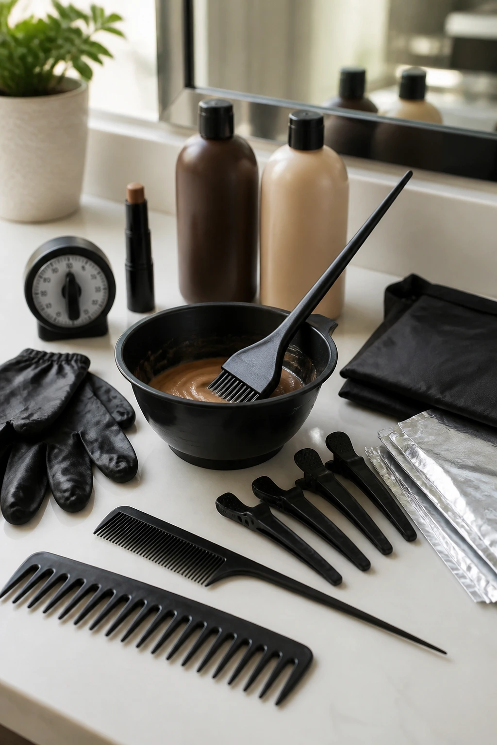 Close-up of hair color tools arranged on a vanity for gray-to-brown transition