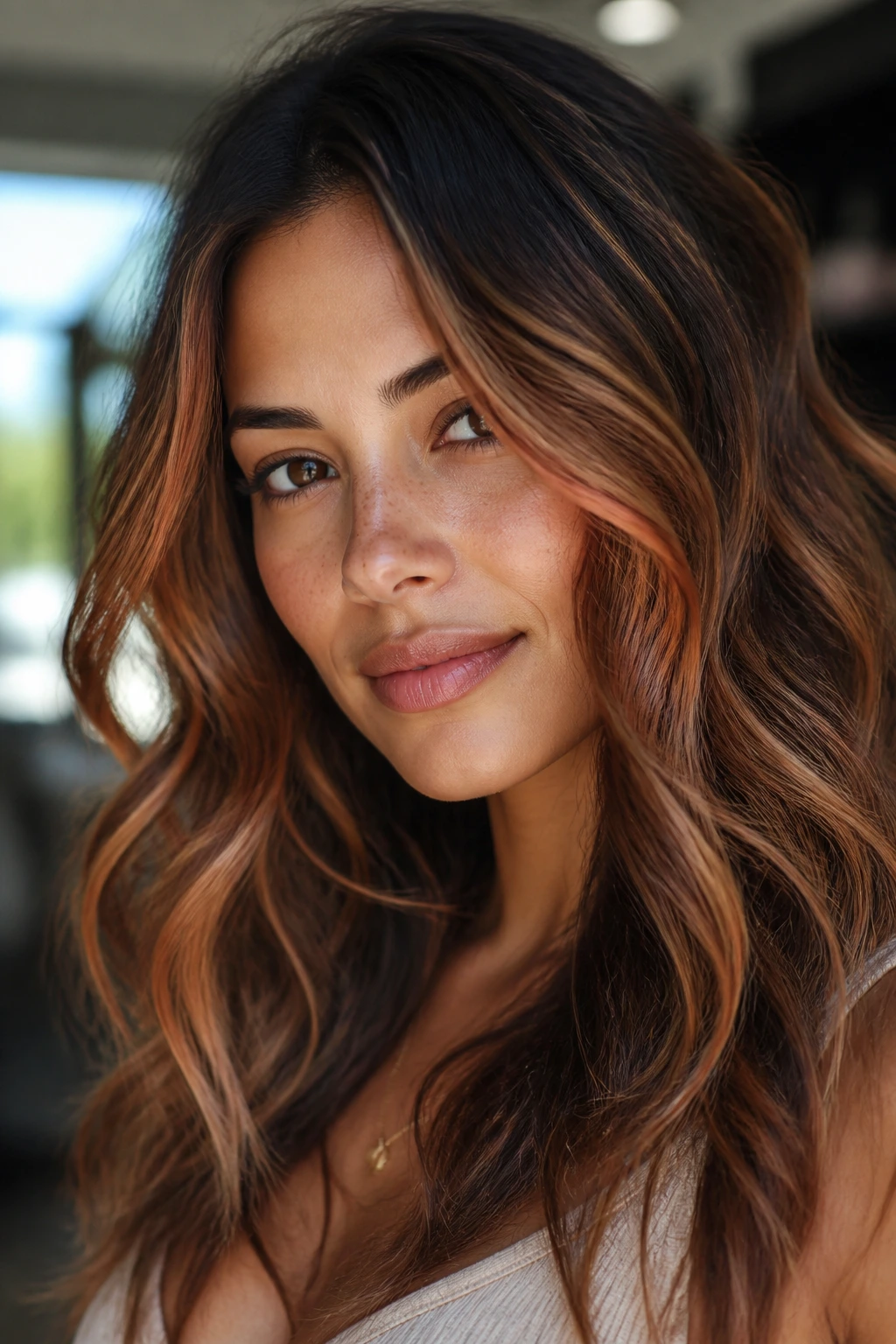 Close-up of hair with bronze and copper tones in beachy waves