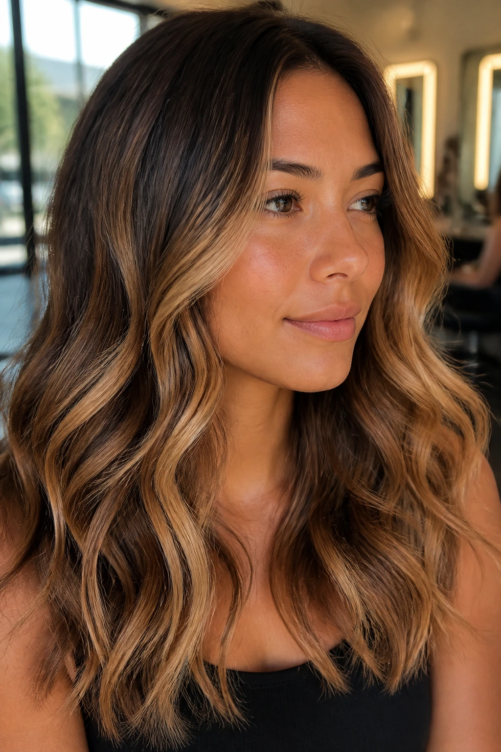 Close-up of a real woman with a honey-to-caramel hair gradient under warm window light