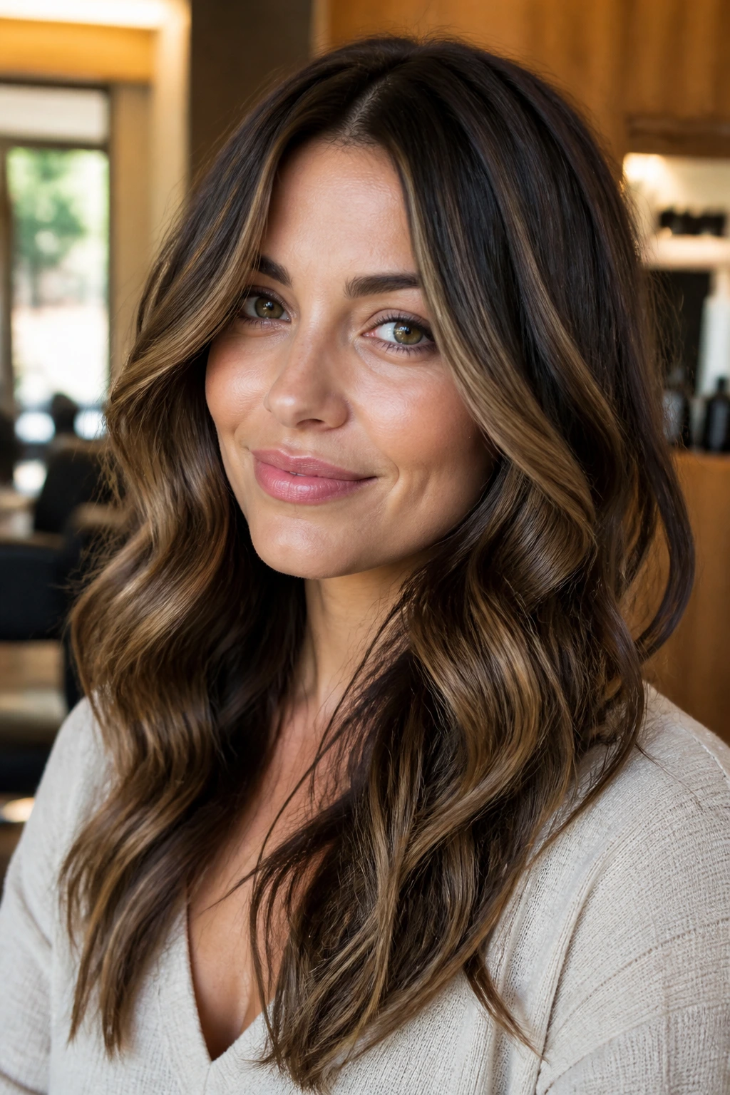 Close-up portrait of a real woman with layered hair showing highlights and lowlights to illustrate variations in color
