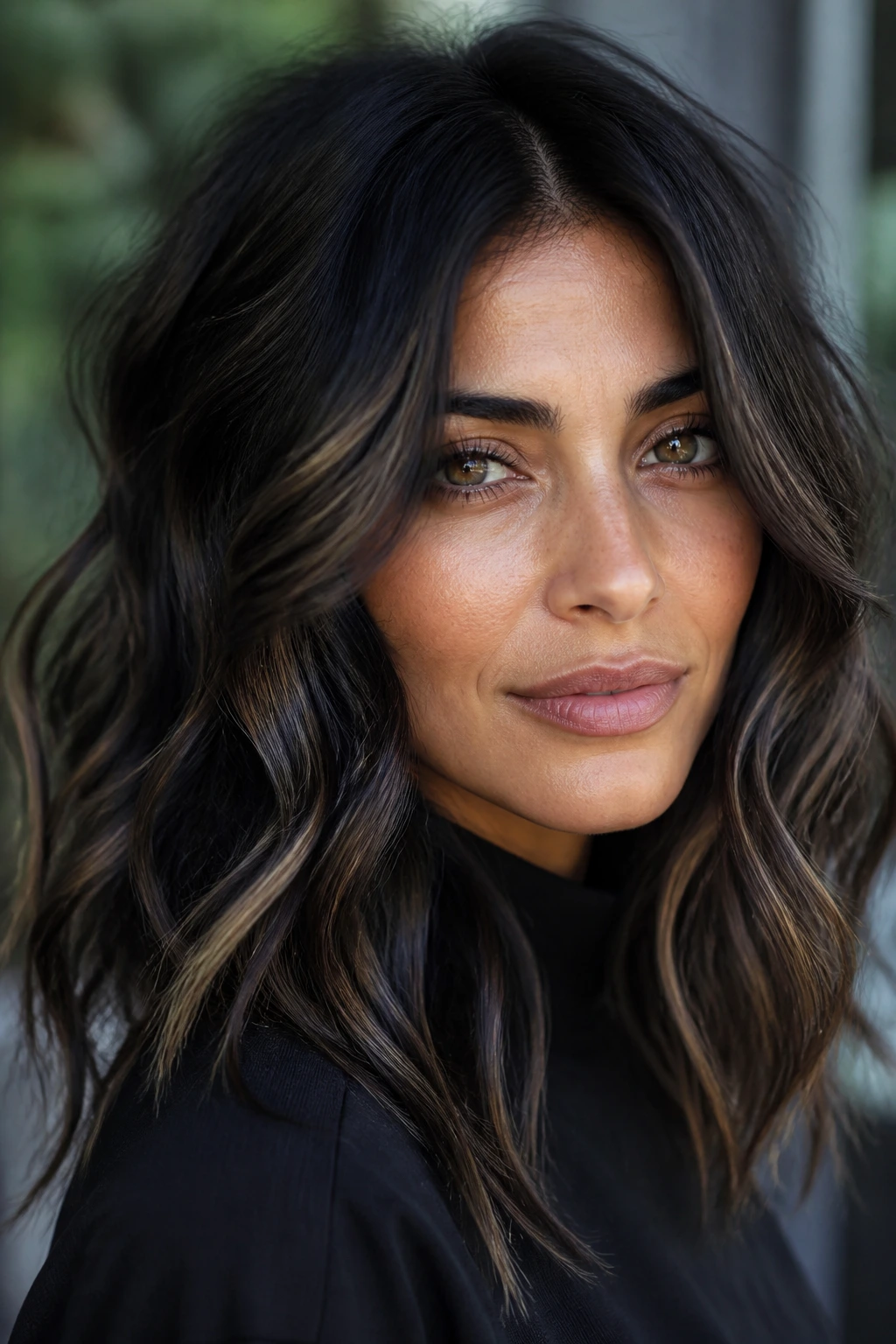 Portrait showing hair with multiple shade ribbons in natural light