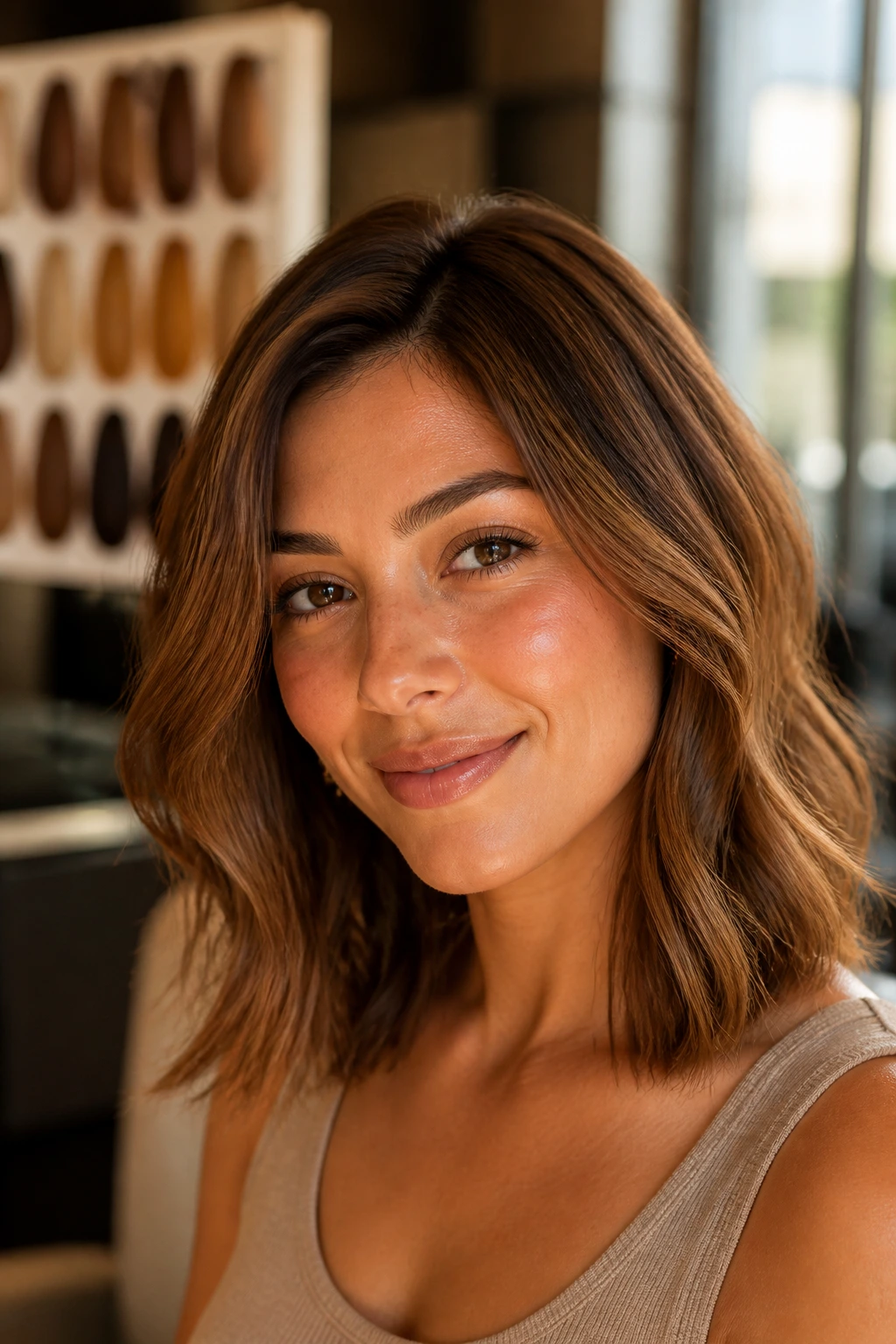 Close-up of a real woman's warm-toned hair under golden light, suggesting shade base selection