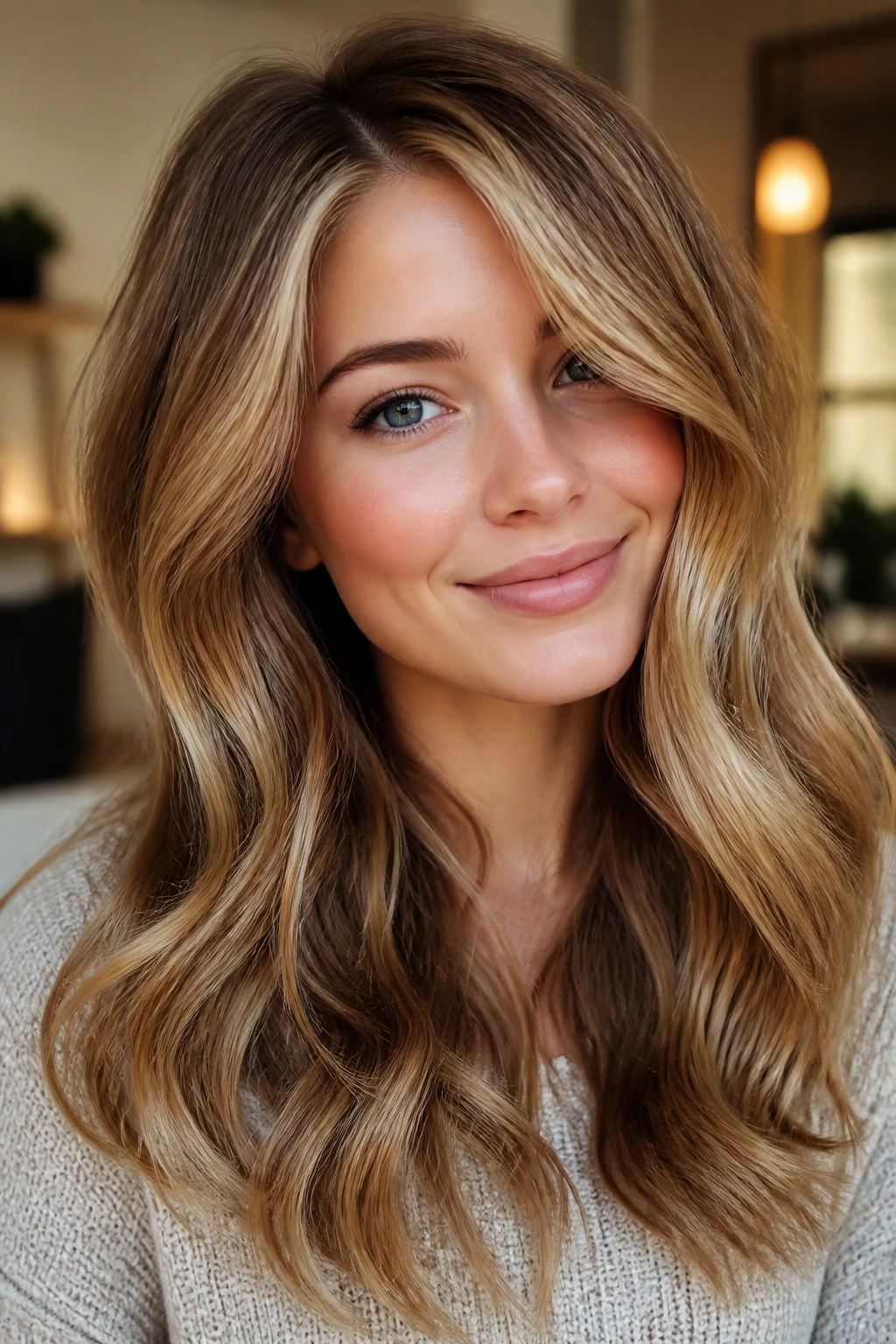 Close-up of a real woman showing how hair color enhances a heart-shaped face with a soft side part