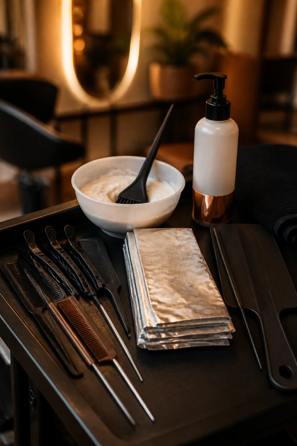Close-up of hair coloring tools on a salon workstation.
