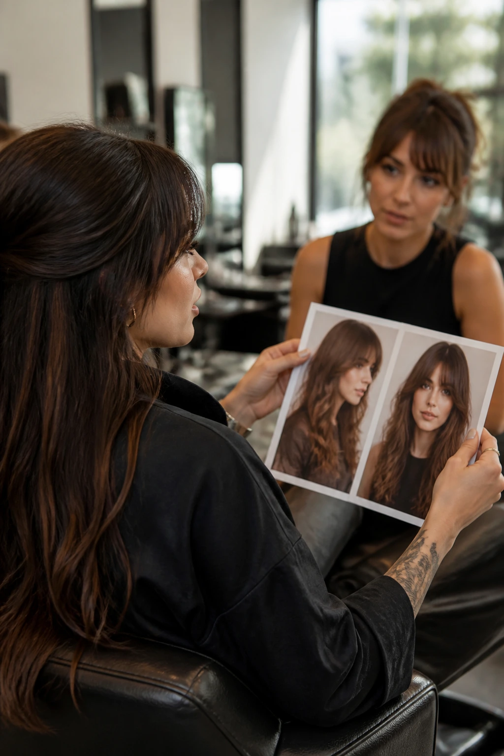 Close-up of a client showing two photos to a stylist in a bright salon