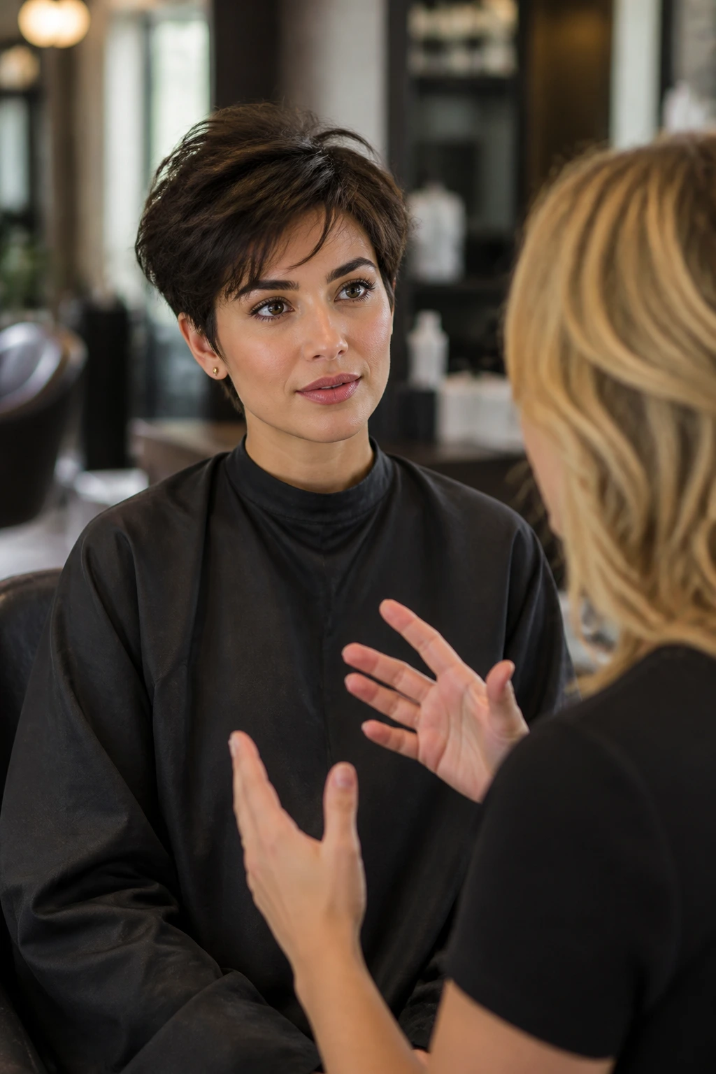 Salon consultation between client and stylist about thick hair