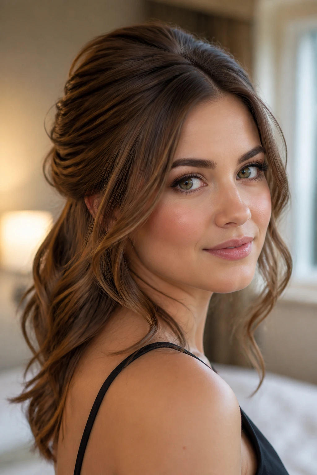 Close-up portrait of a woman with crown lift and diagonal waves