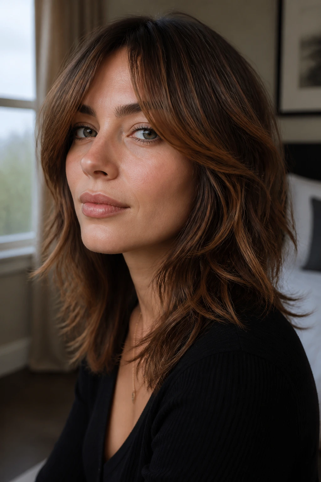 Close-up of a woman with bronzed curtain bangs and a soft shag hairstyle.
