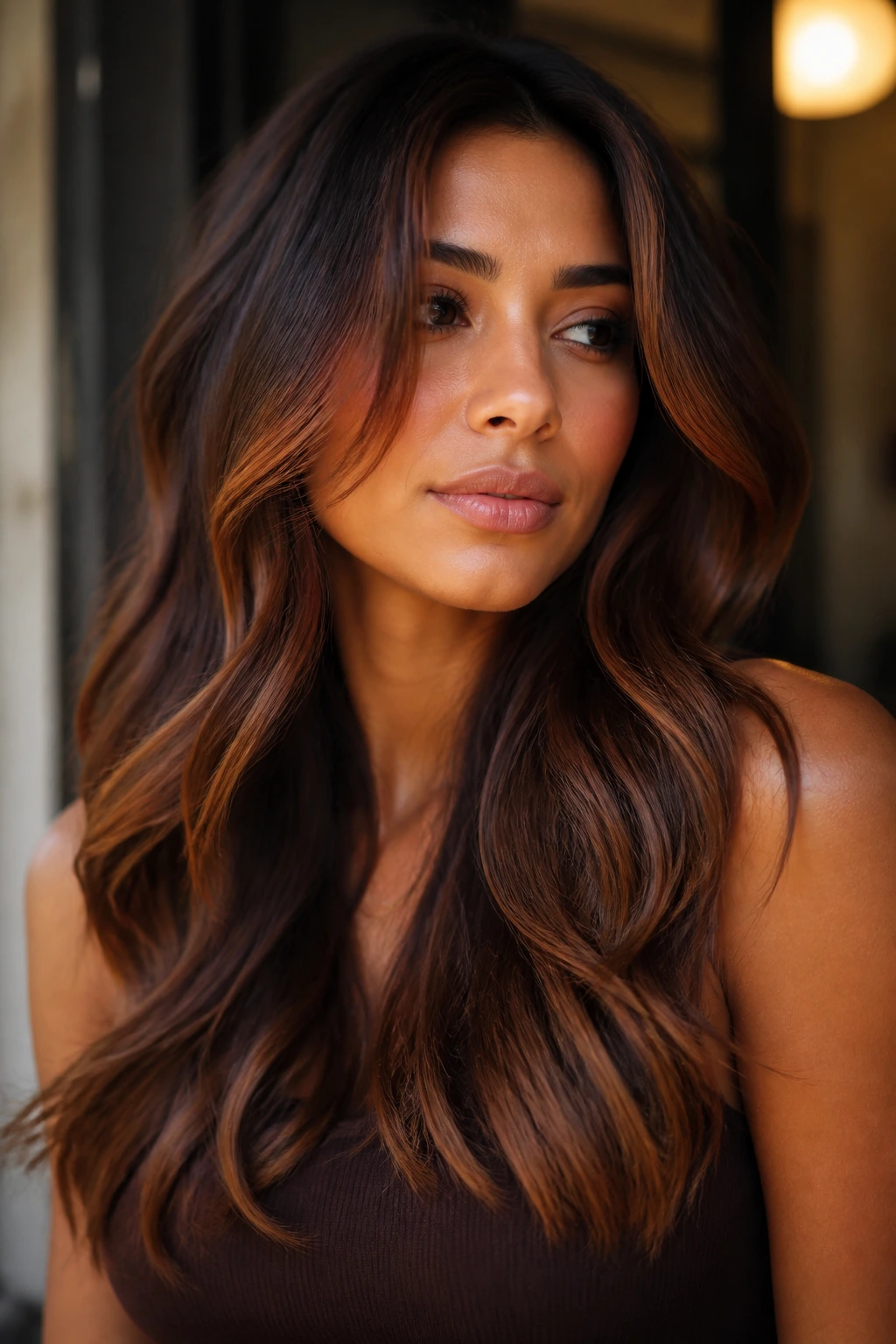 Close-up portrait of a real person with layered hair showing warm color dimensions