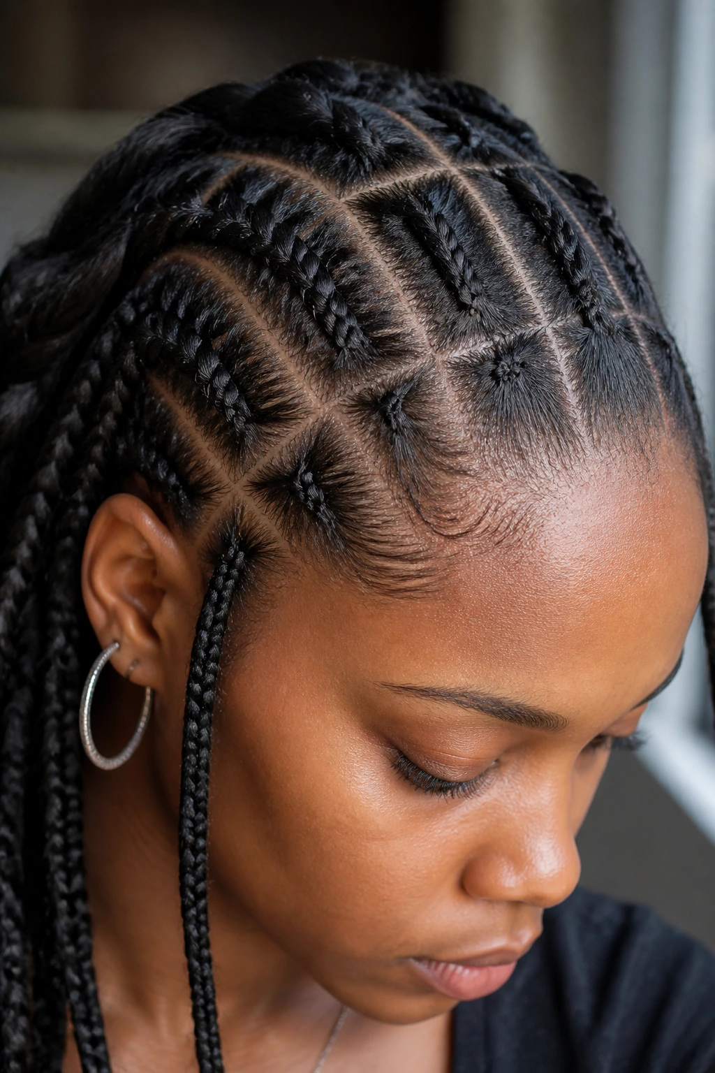 Close-up of scalp and hair texture showing fine strands and density.