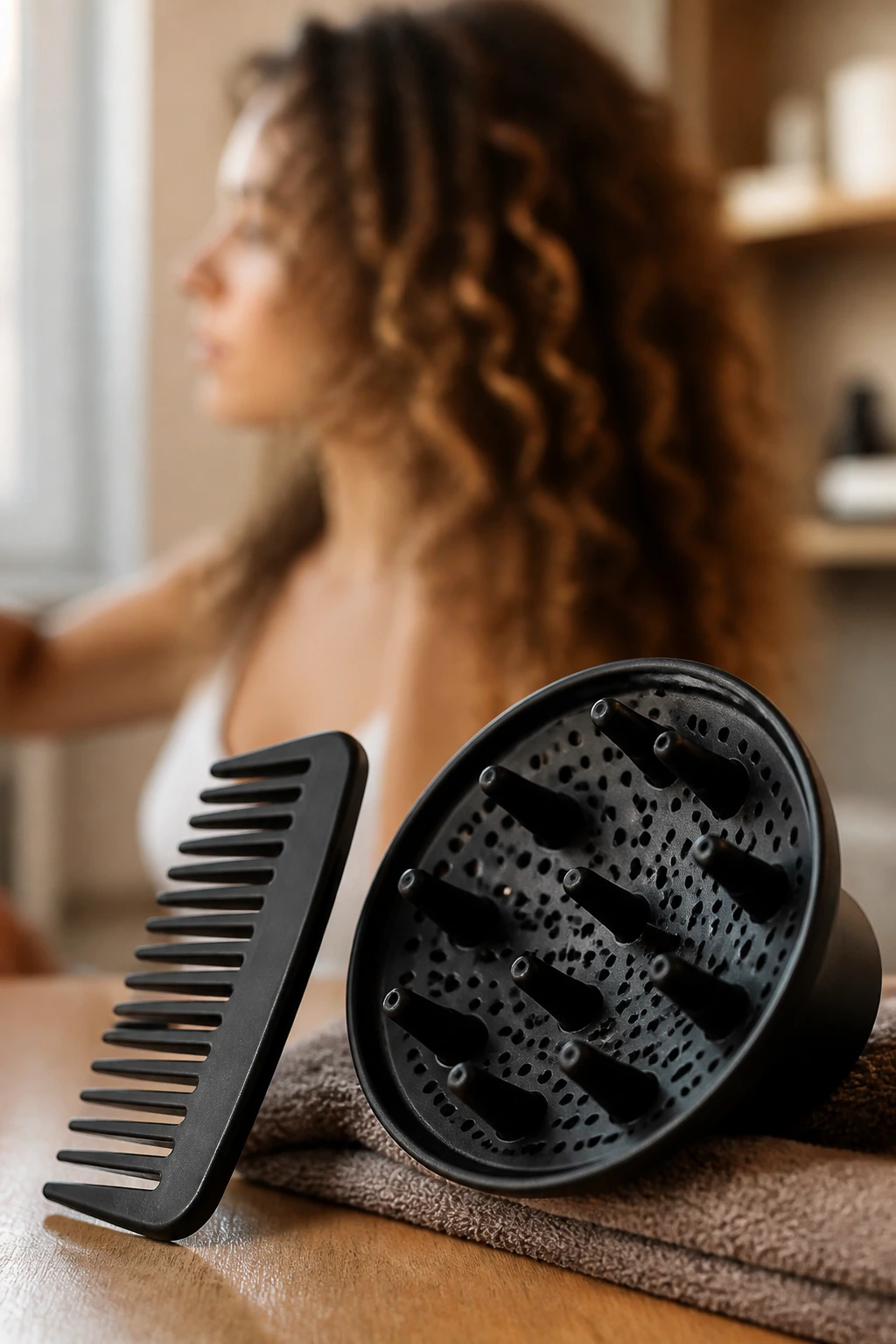 Close-up of a wide-tooth comb and diffuser in foreground with a curly-haired person blurred in background