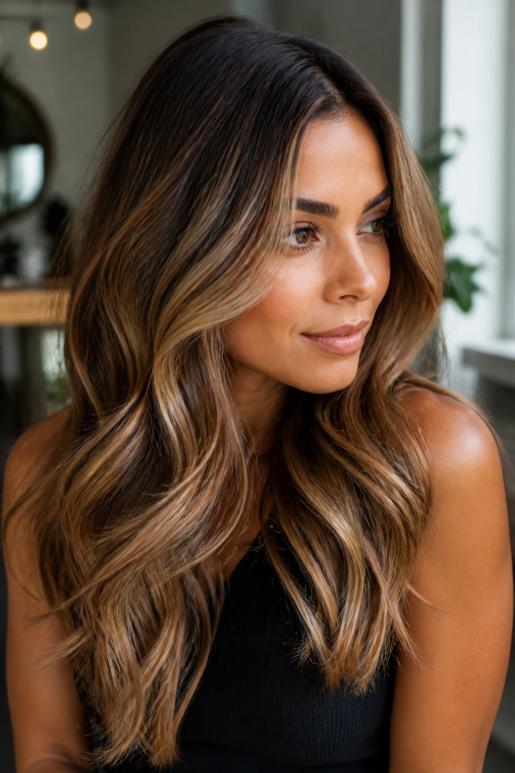 Portrait of a woman with loose waves showing dimensional highlights and lowlights